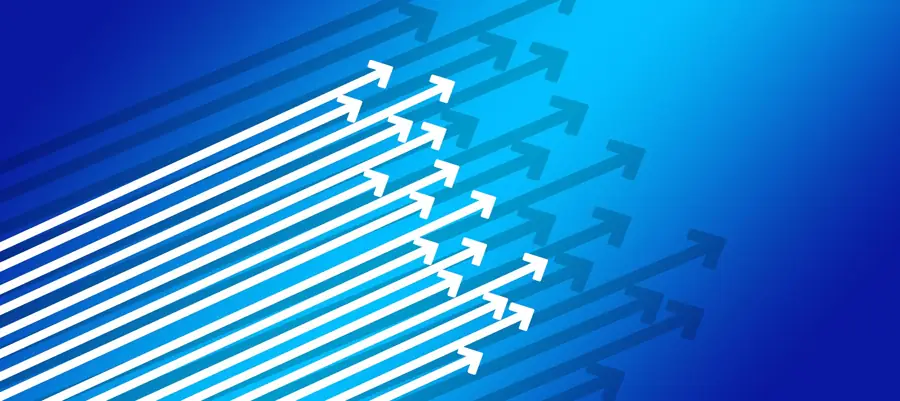 White arrows rising together across a blue background